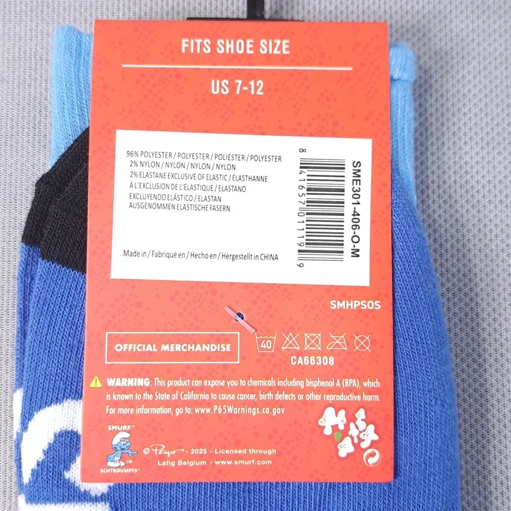 One Pair The Smurfs‎ Unisex One Size Shoe Size 7-12 Novelty Socks Fun Cartoon